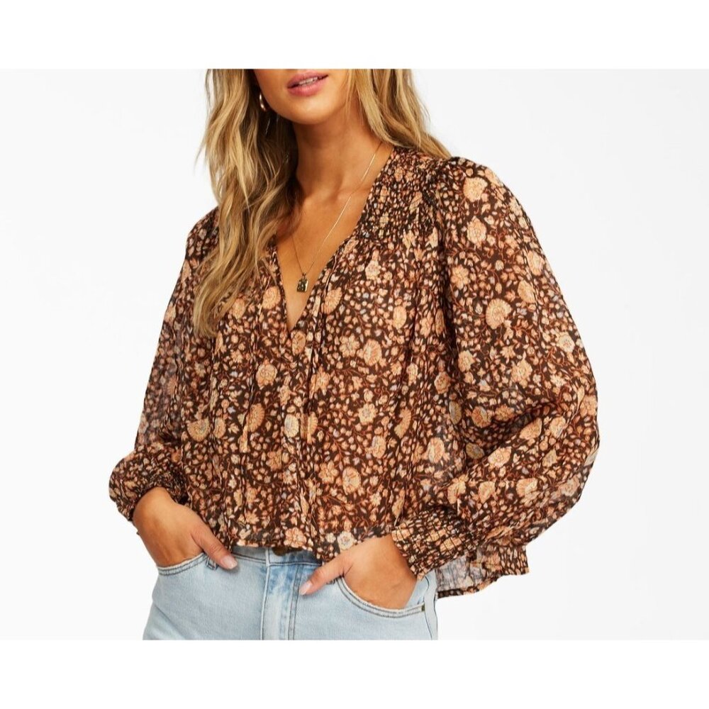 BILLABONG Late Night Blouse Sz M Peasant Sleeve Black Orange Floral VNeck Cotton